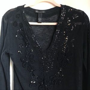 LINEN Embroidered sequin embellished navy blue tunic